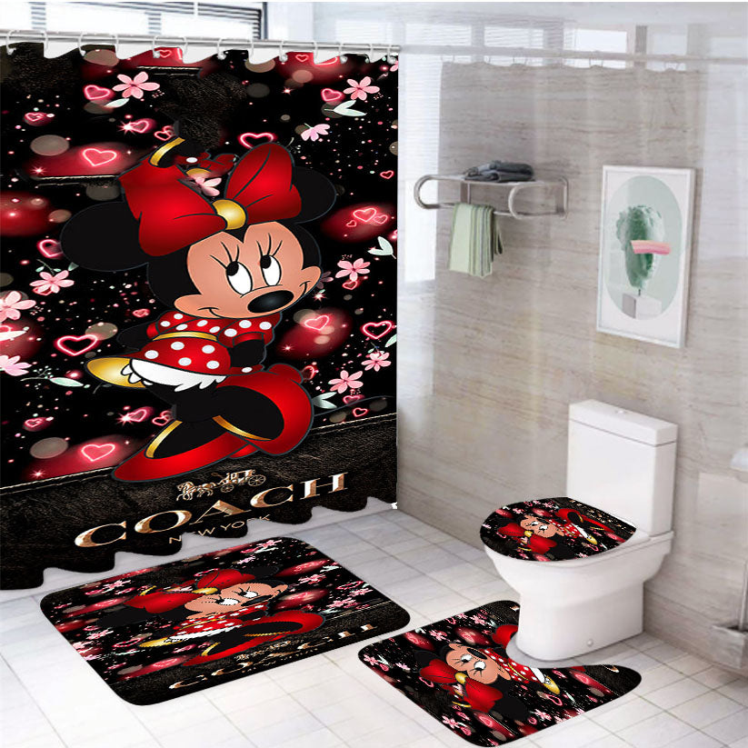 Minnie Mouse Coach Flowers New 4Pcs Bathroom Set Shower Curtain