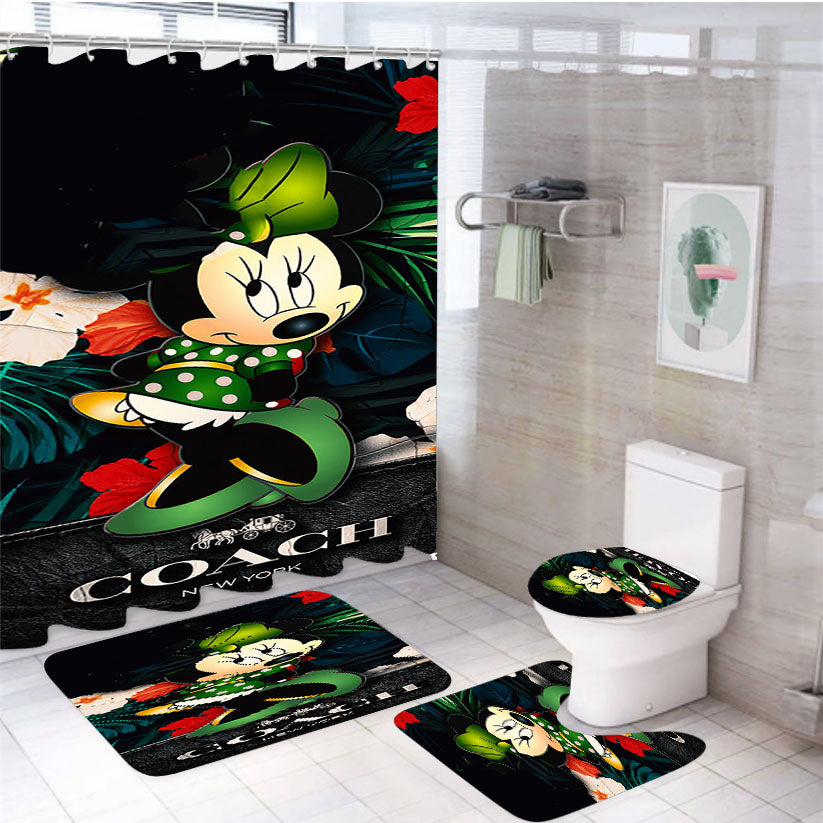 Minnie Mouse Coach Green Flowers 8 4Pcs Bathroom Set Shower Curtain