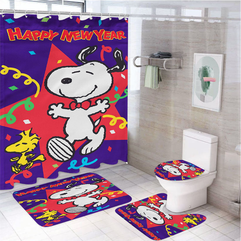 New Years Snoopy 4Pcs Bathroom Set Shower Curtain