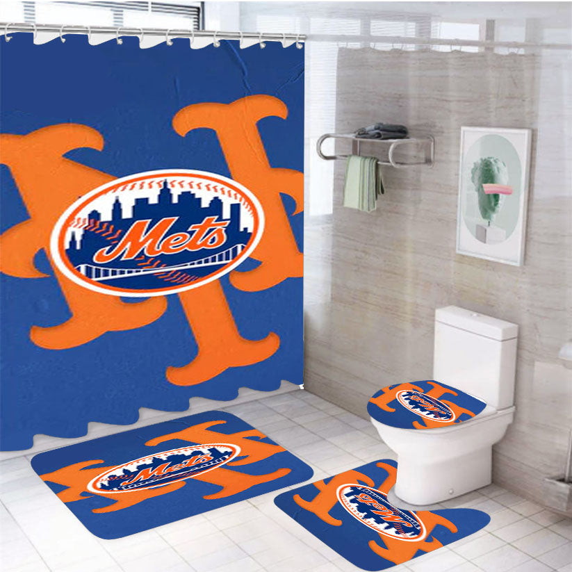 New York Mets Logo Baseball 1 4Pcs Bathroom Set Shower Curtain
