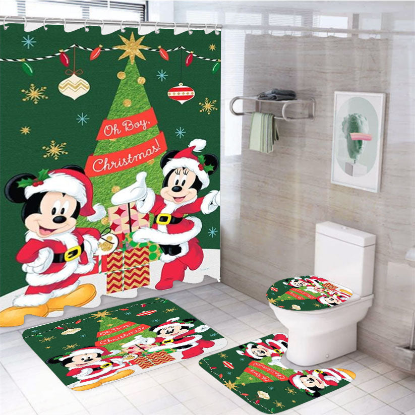 Oh Boy Christmas Mickey And Minnie 4Pcs Bathroom Set Shower Curtain