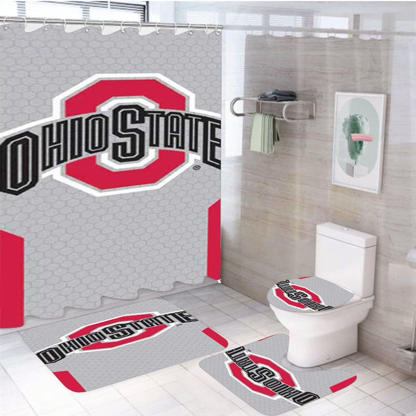 Ohio State Logo Honeycomb With Red 4Pcs Bathroom Set Shower Curtain