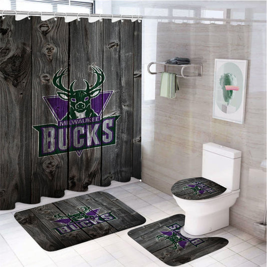 Old Milwaukee Bucks Nba Logo Dark Wood Wallpaper 4Pcs Bathroom Set Shower Curtain