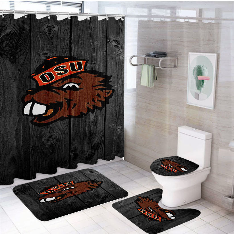 Oregon State Beavers University Logo Dark Wood Wallpaper 4Pcs Bathroom Set Shower Curtain