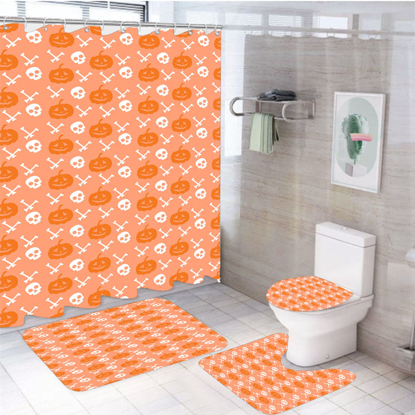 Peach Pattern Pumpkins Bone And Head Skeleton Halloween 4Pcs Bathroom Set Shower Curtain