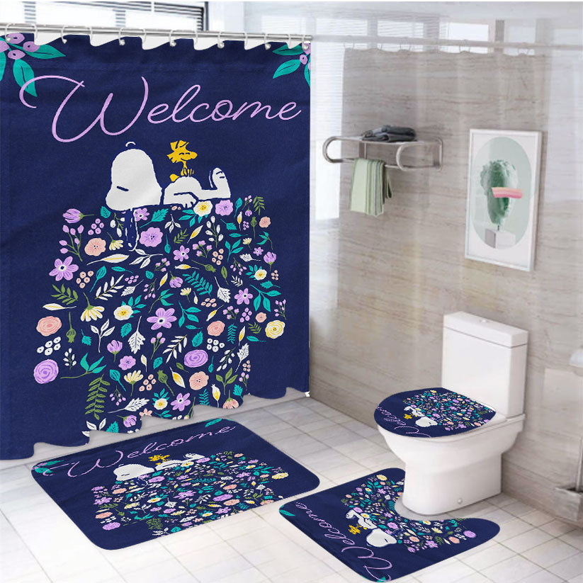 Peanuts Doghouse Of Flowers Snoopy & Woodstock 4Pcs Bathroom Set Shower Curtain