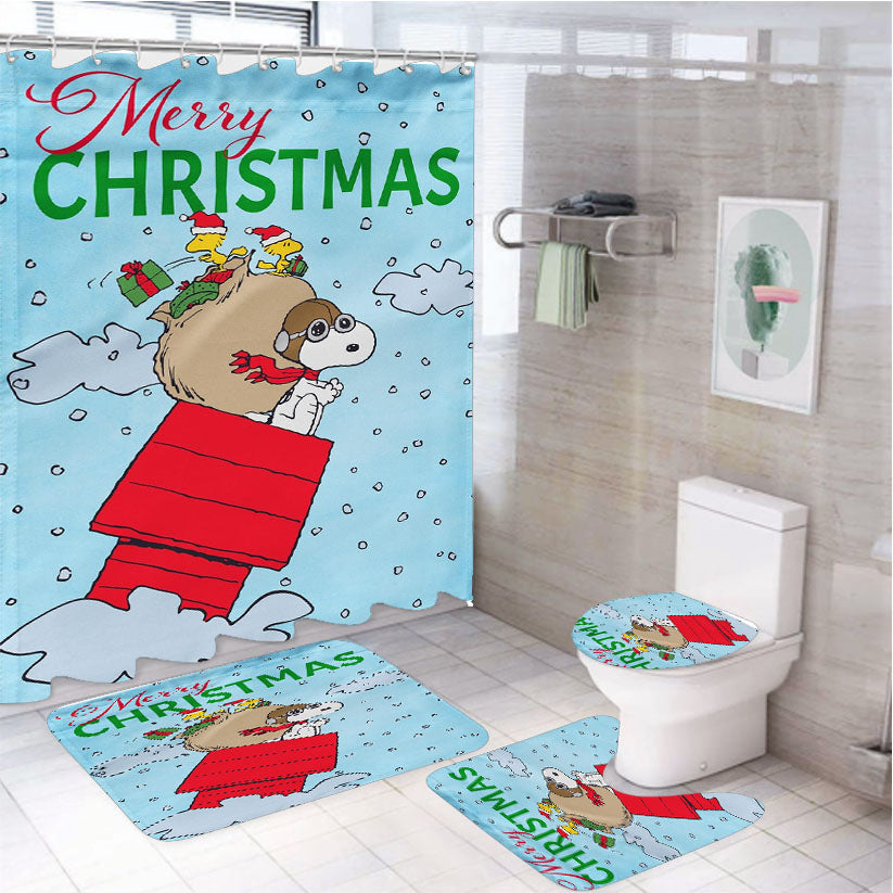 Peanuts Merry Christmas Snoopy Sleigh 4Pcs Bathroom Set Shower Curtain