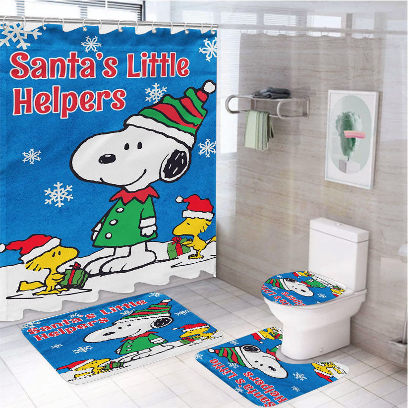 Peanuts Santa'S Little Helpers Snoopy And Woodstock Christmas 4Pcs Bathroom Set Shower Curtain