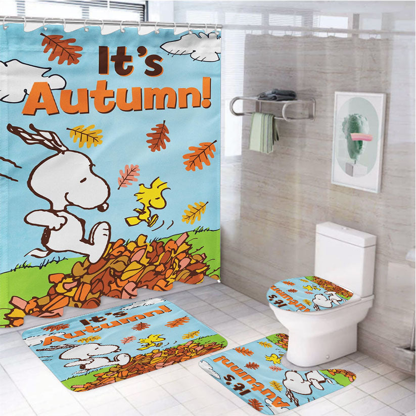 Peanuts Snoopy Fall Flag Snoopy And Woodstock Autumn 4Pcs Bathroom Set Shower Curtain