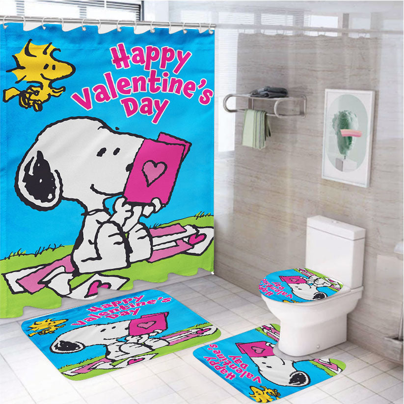 Peanuts Snoopy Happy Valentines Day 4Pcs Bathroom Set Shower Curtain