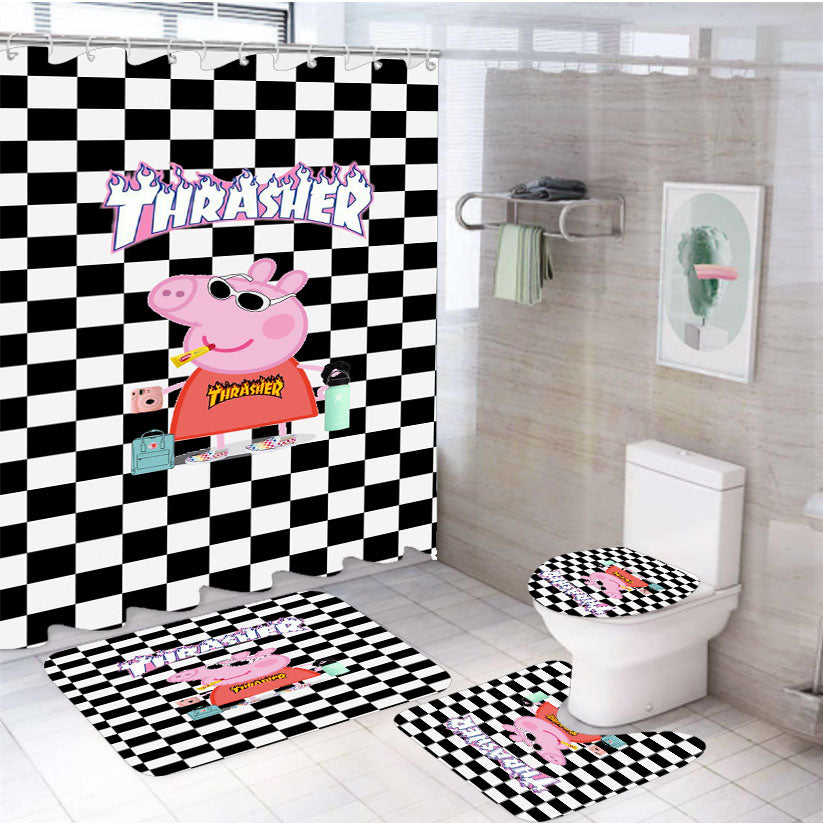 Peppa Pig Hypebeast Checkered Rainbow 4Pcs Bathroom Set Shower Curtain