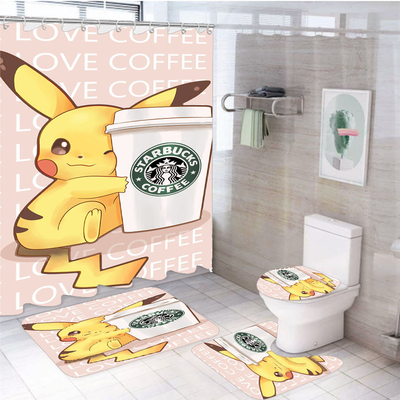 Pikachu With Starbucks Coffee 4Pcs Bathroom Set Shower Curtain