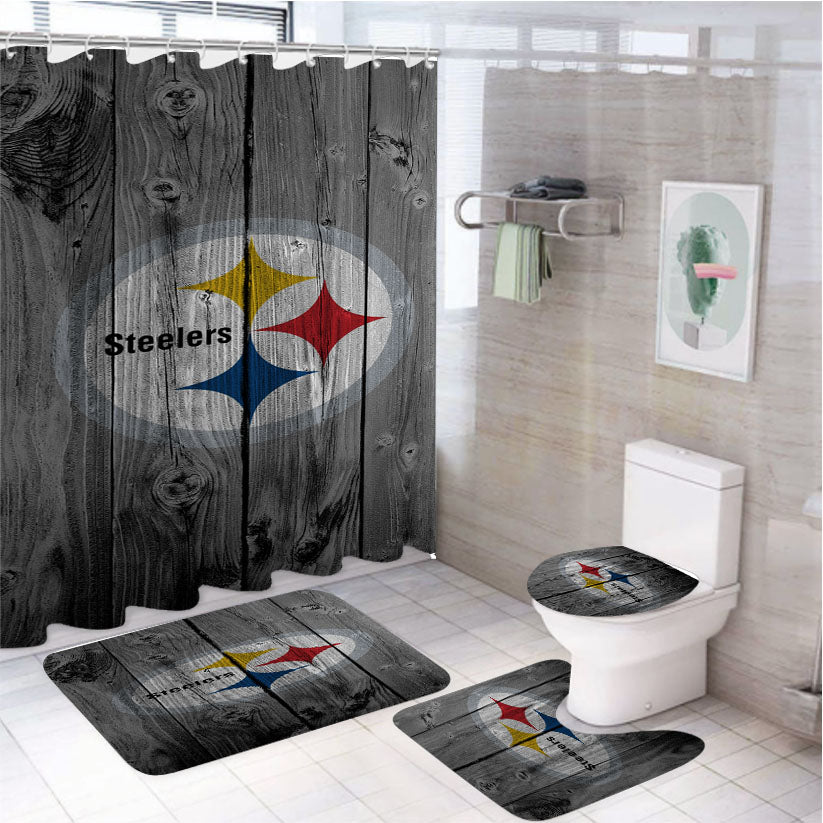 Pittsburgh Steelers Nfl Logo Dark Wood Wallpaper 4Pcs Bathroom Set Shower Curtain