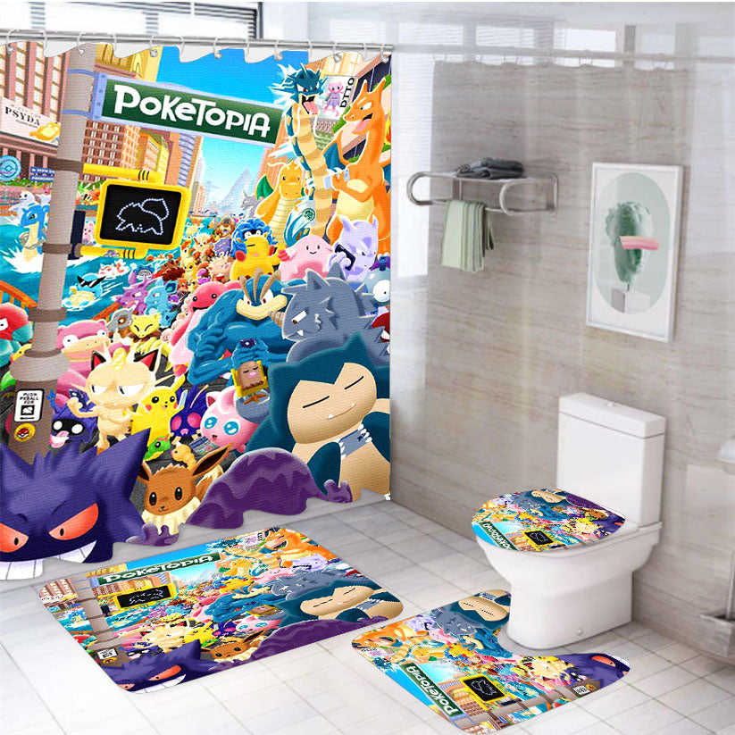 Pokemon All Character In The City 4Pcs Bathroom Set Shower Curtain