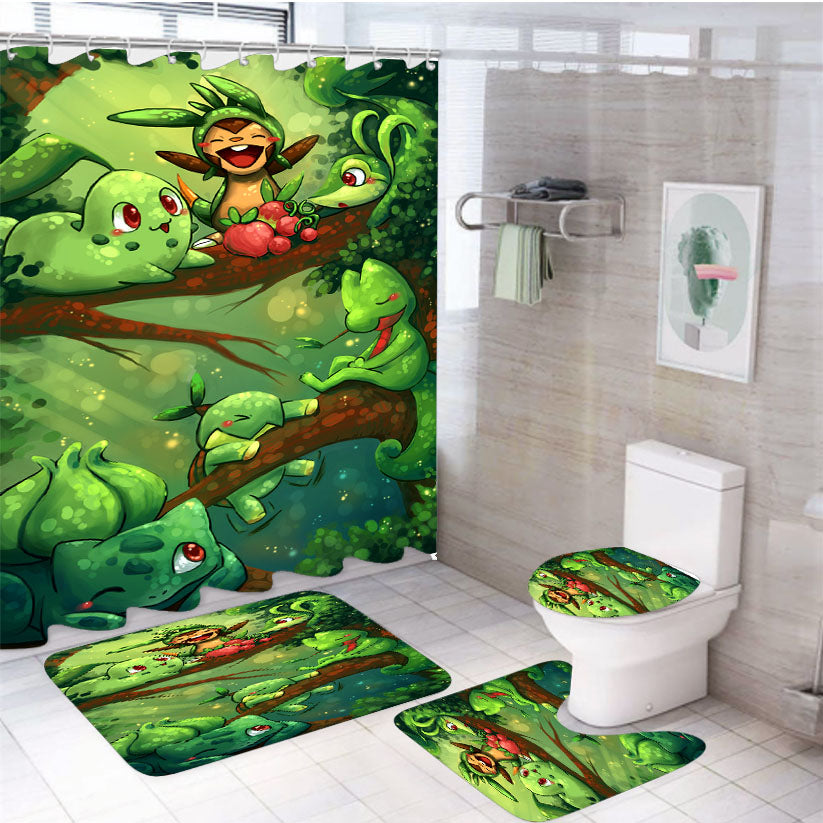 Pokemon All Grass Type Starters 4Pcs Bathroom Set Shower Curtain