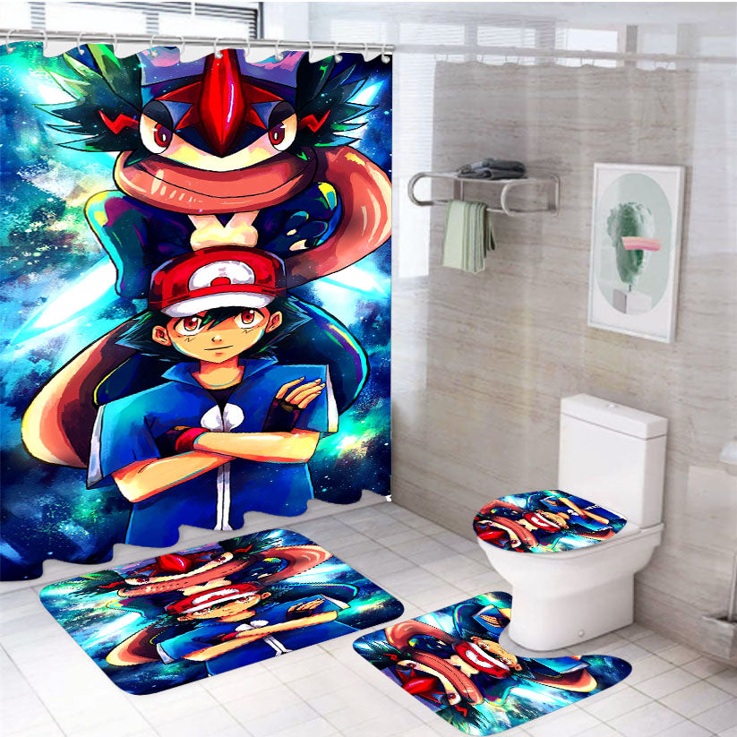 Pokemon And Ash 4Pcs Bathroom Set Shower Curtain