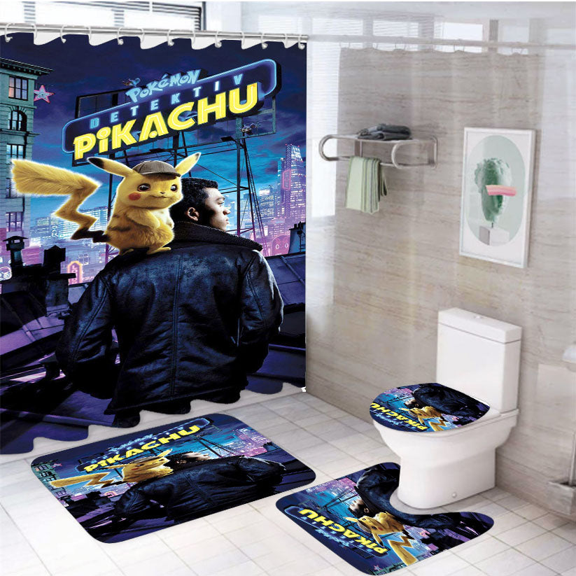 Pokemon Detektiv Pikachu Poster Movie 4Pcs Bathroom Set Shower Curtain