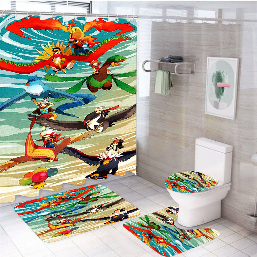 Pokemon Flying Type Poster 4Pcs Bathroom Set Shower Curtain