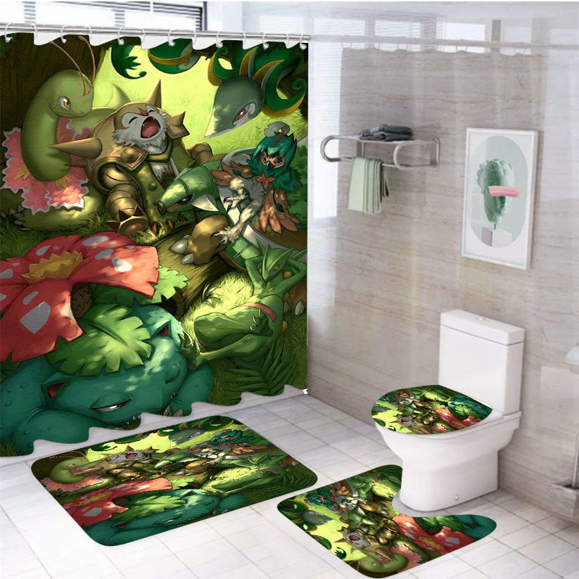 Pokemon Iniciales Tipo Planta Grass'S Starters 4Pcs Bathroom Set Shower Curtain