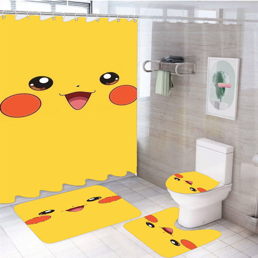 Pokemon Pikachu Face 4Pcs Bathroom Set Shower Curtain