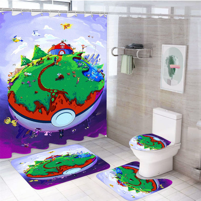 Pokemon Poster Earth Pokeballs 4Pcs Bathroom Set Shower Curtain