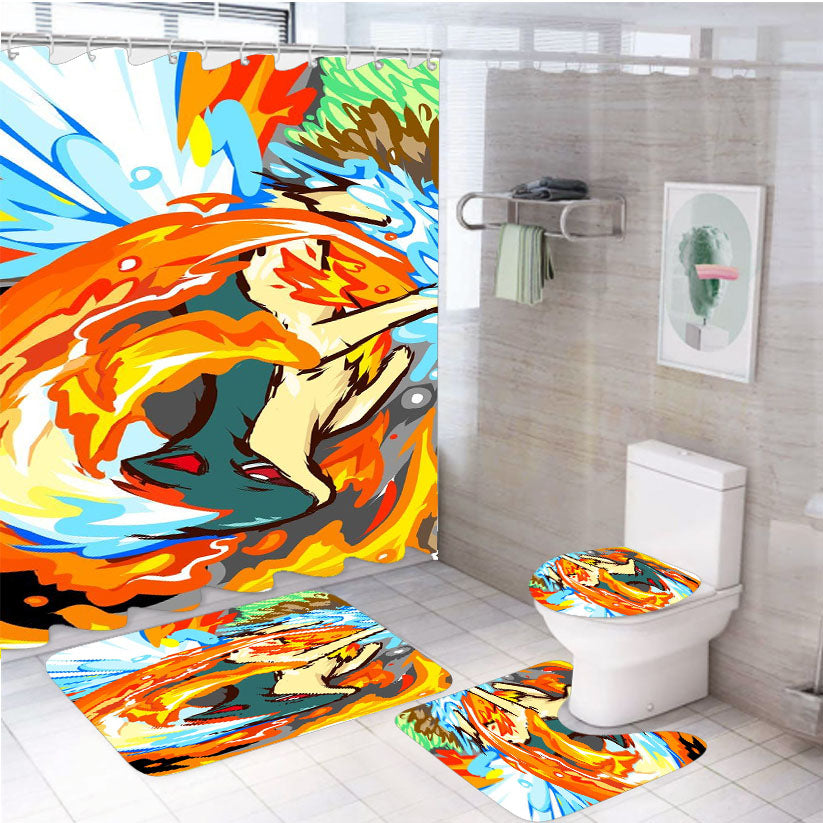 Pokemon Quilava Attacks 4Pcs Bathroom Set Shower Curtain