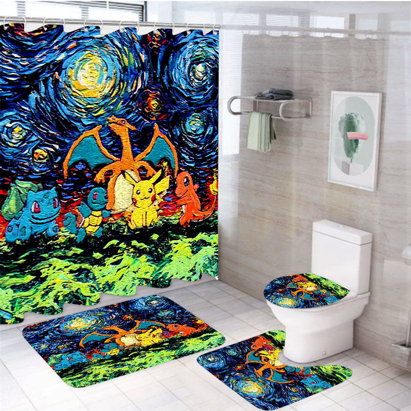 Pokemon Starry Night Abstract 4Pcs Bathroom Set Shower Curtain