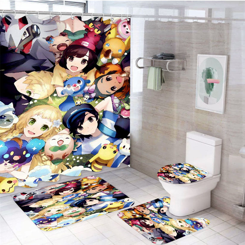 Pokemon Sun And Moon Paint Art 4Pcs Bathroom Set Shower Curtain