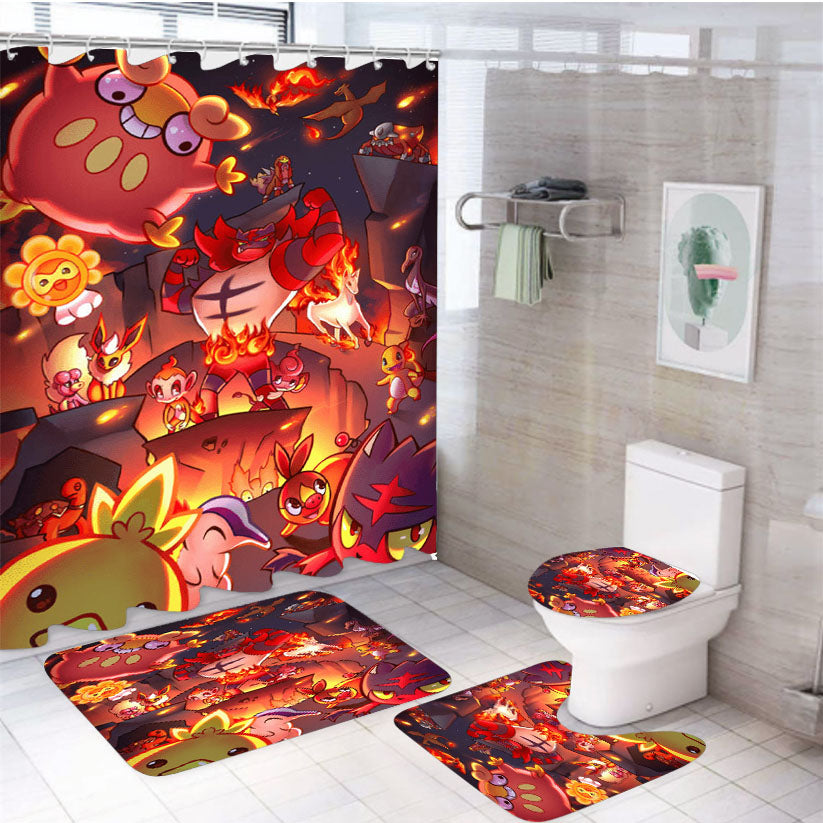 Pokemon Type Fire Collections 4Pcs Bathroom Set Shower Curtain