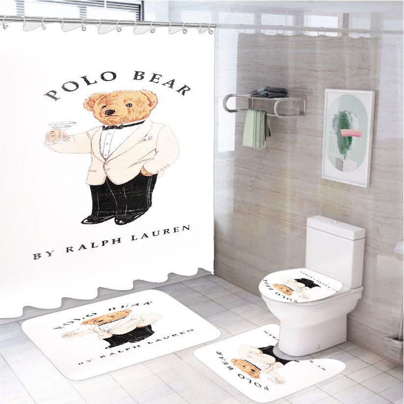 Polo Bear White Suit Tuxedo 4Pcs Bathroom Set Shower Curtain