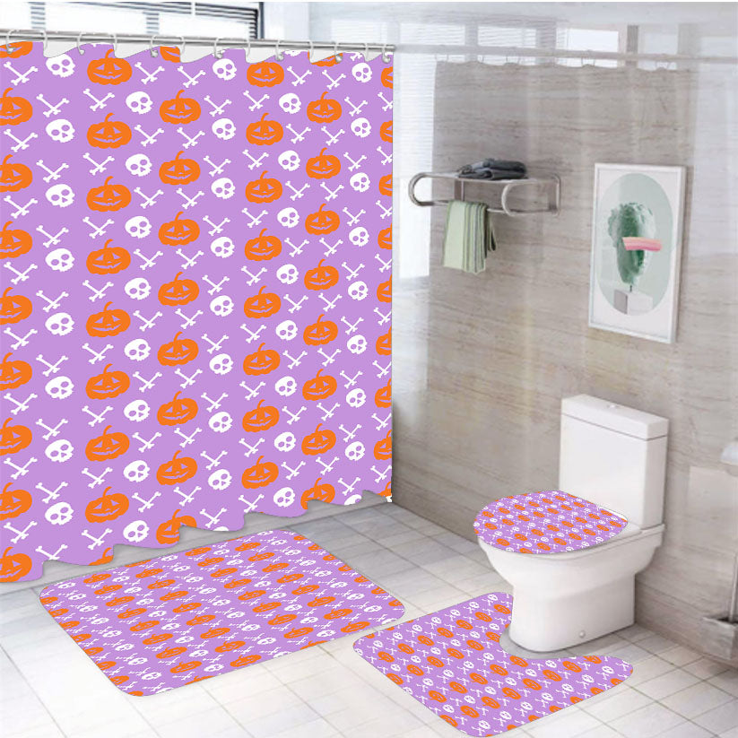 Purple Pattern Pumpkins Bone And Head Skeleton Halloween 4Pcs Bathroom Set Shower Curtain