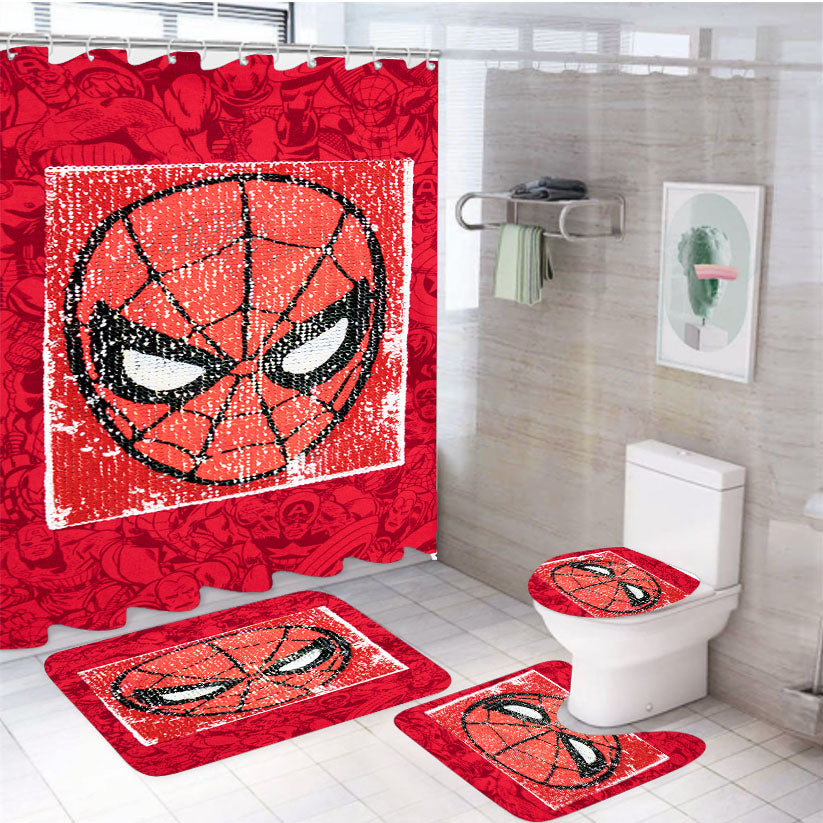 Red Spiderman Marvel Superheroes Doodles 4Pcs Bathroom Set Shower Curtain