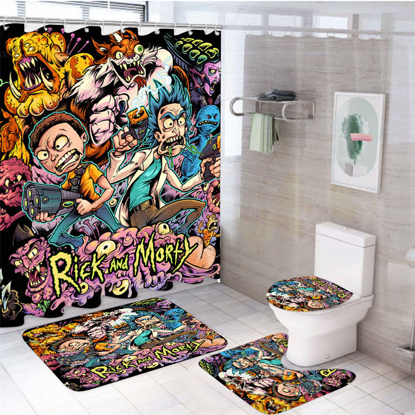 Rick And Morty Monster Hunter 4Pcs Bathroom Set Shower Curtain