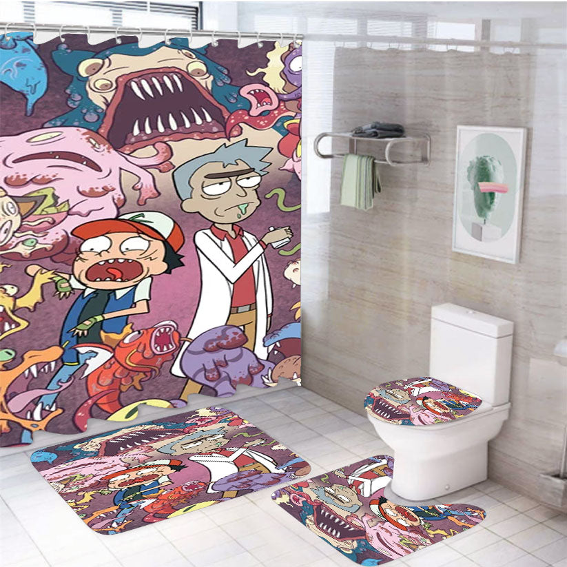 Rick And Morty Pokemon Art 4Pcs Bathroom Set Shower Curtain