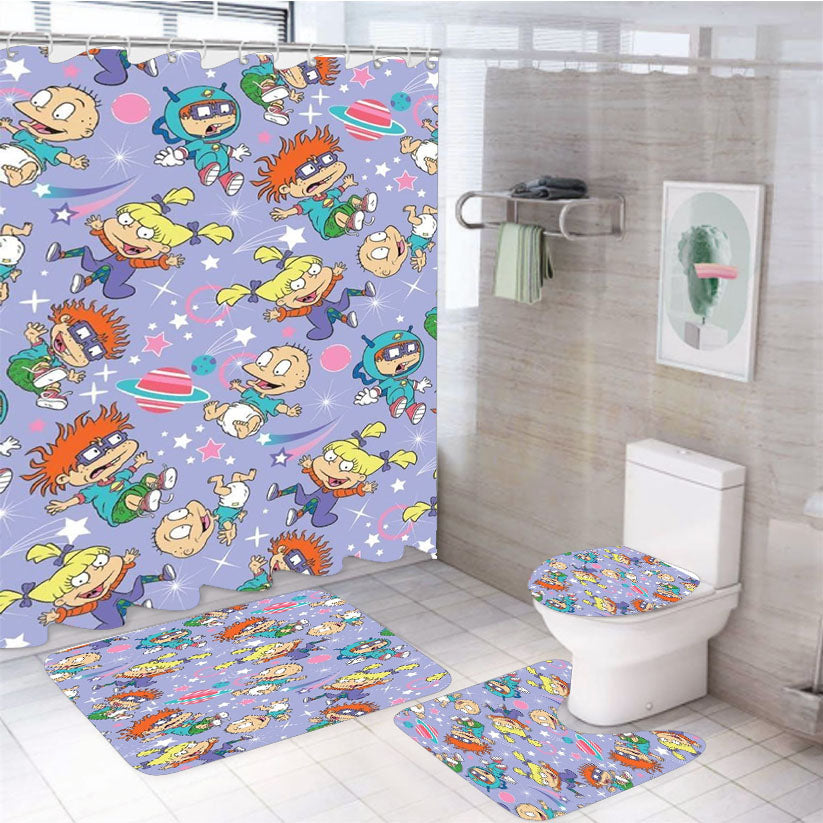 Rugrats Pattern Plannet Wallpaper 4Pcs Bathroom Set Shower Curtain