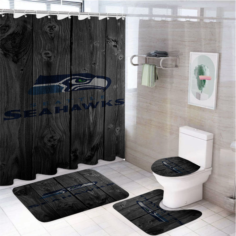 Seattle Seahawks Nfl Logo Dark Wood Wallpaper 4Pcs Bathroom Set Shower Curtain