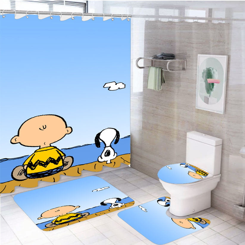 Snoopy And Charlie Brown 4Pcs Bathroom Set Shower Curtain