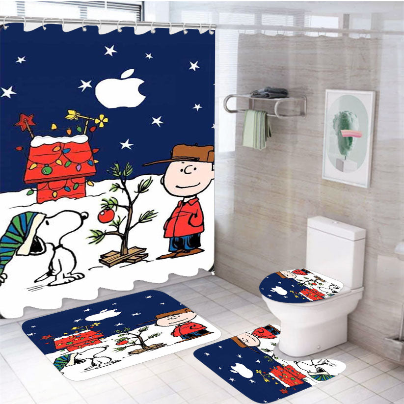 Snoopy And Charlie Brown Christmas Lights Apple 4Pcs Bathroom Set Shower Curtain