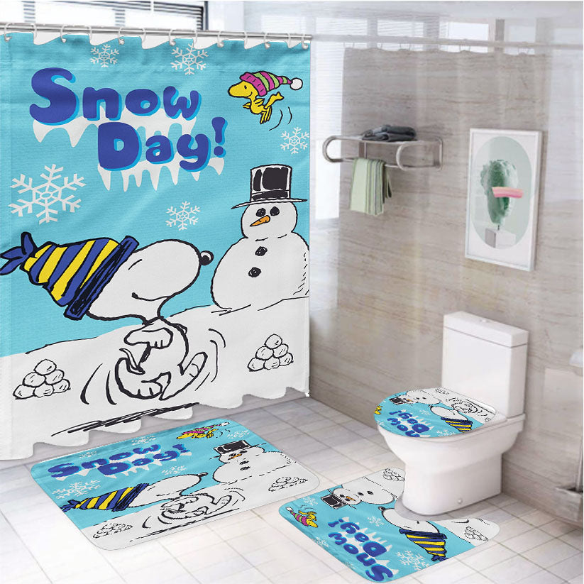 Snoopy And Woodstock Winter 4Pcs Bathroom Set Shower Curtain