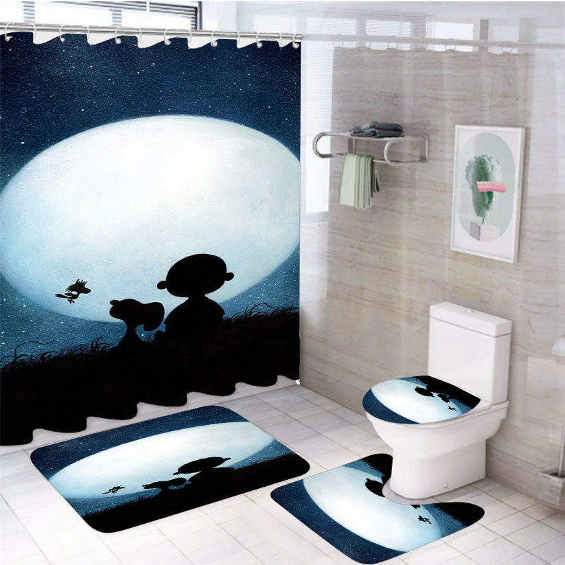 Snoopy Charlie Brown And Moon 4Pcs Bathroom Set Shower Curtain