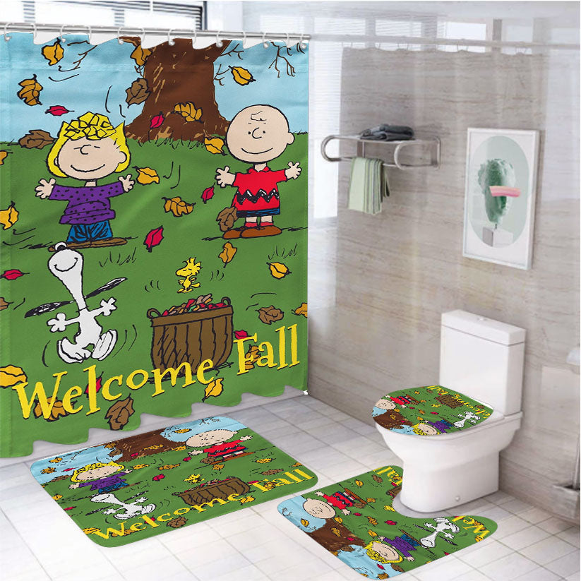 Snoopy Charlie Brown Welcome Fall 4Pcs Bathroom Set Shower Curtain