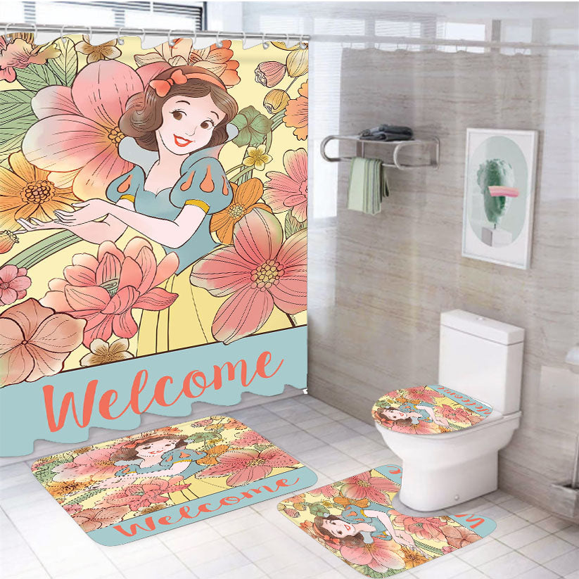 Snow White Floral Welcome 4Pcs Bathroom Set Shower Curtain