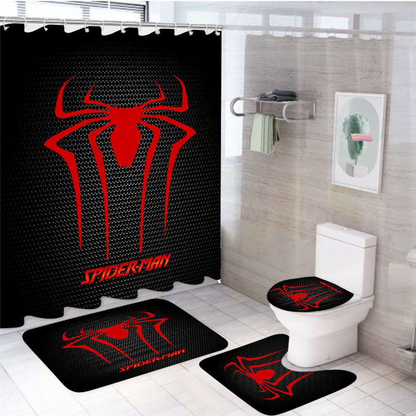 Spider Man Black Carbon Logo 4Pcs Bathroom Set Shower Curtain