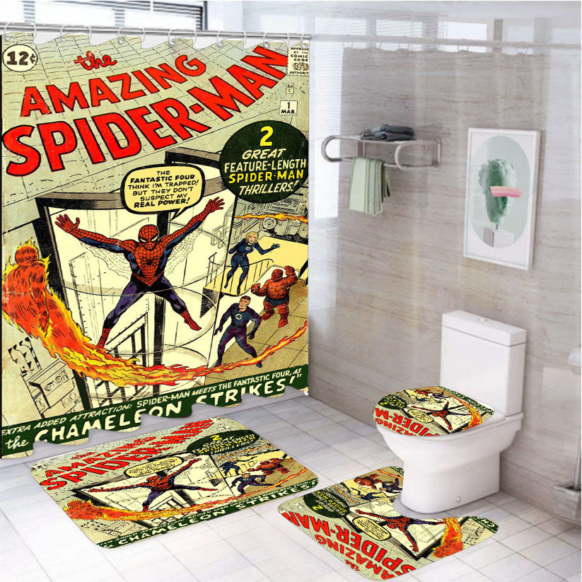 Spiderman Comic 4Pcs Bathroom Set Shower Curtain