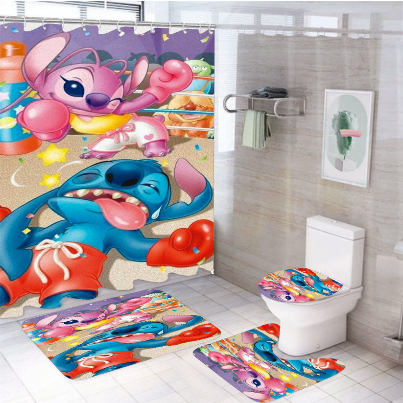 Stitch And Angel Ring Fight 4Pcs Bathroom Set Shower Curtain
