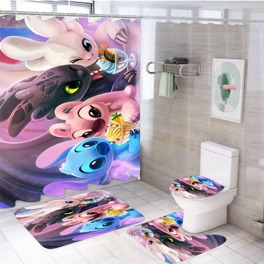 Stitch And Night Fury Double Date 4Pcs Bathroom Set Shower Curtain