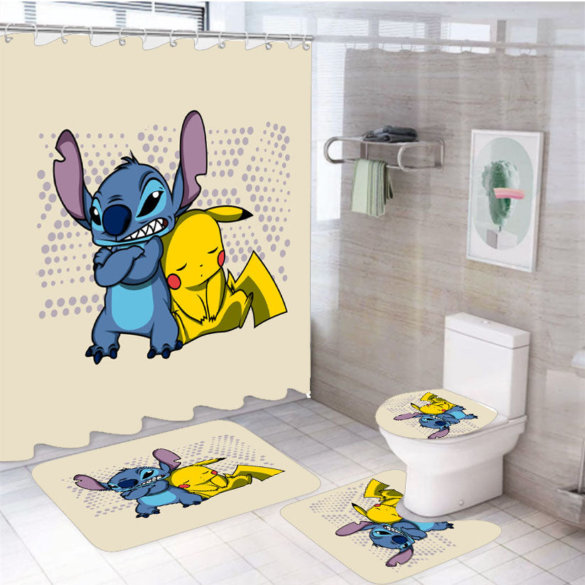 Stitch And Pika 4Pcs Bathroom Set Shower Curtain