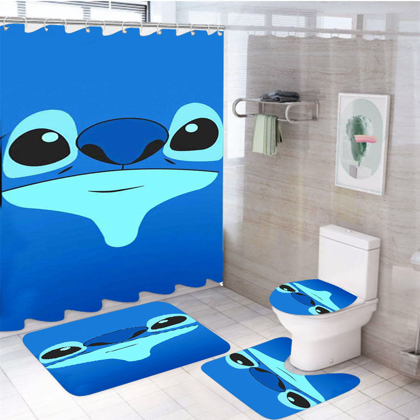 Stitch Blue Face Cute 4Pcs Bathroom Set Shower Curtain