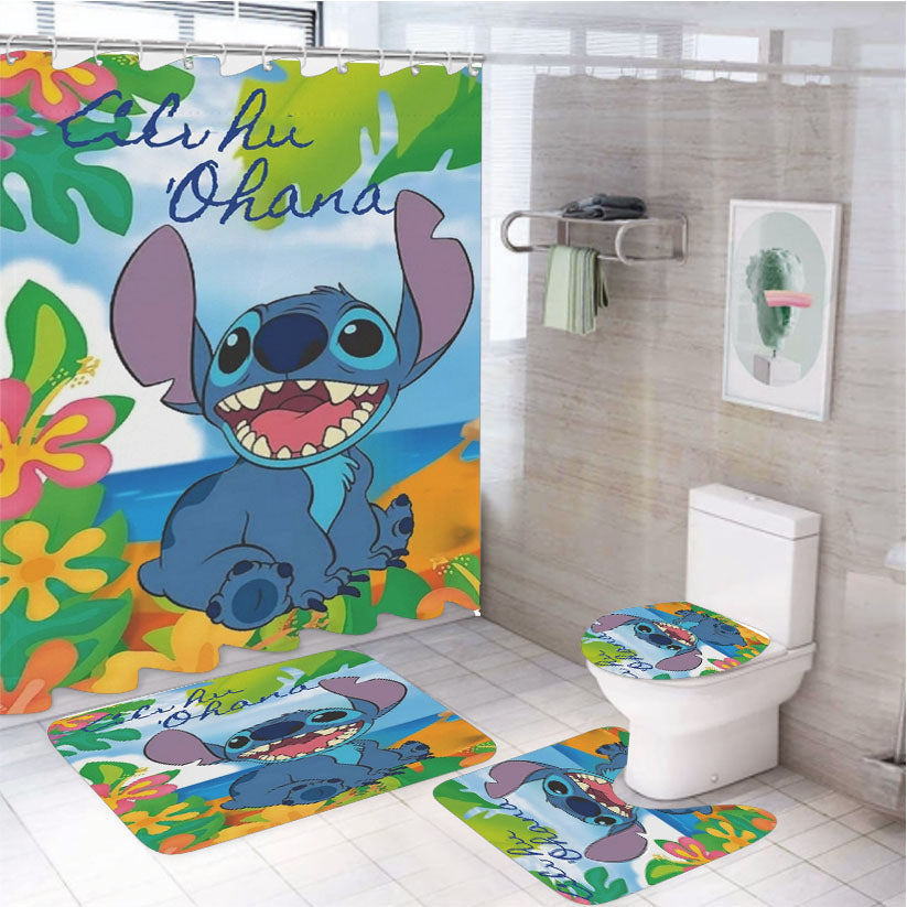 Stitch From Disney'S Movie Lilo And Stitch With Aloha 4Pcs Bathroom Set Shower Curtain