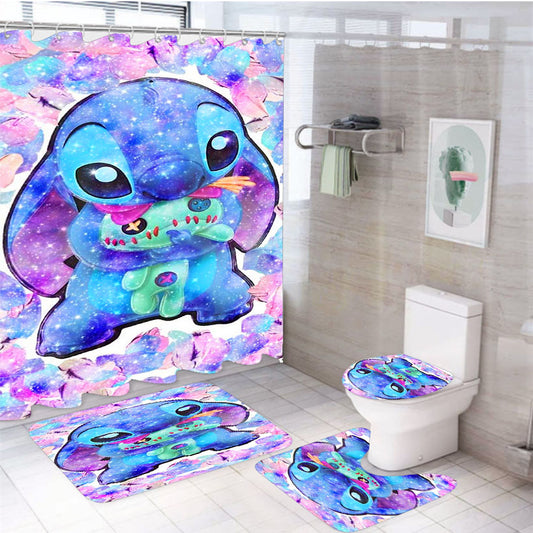 Stitch Hug Scrump Glitter 4Pcs Bathroom Set Shower Curtain